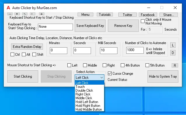 Various types of Mouse Clicks that can be automated with MurGee Auto Clicker