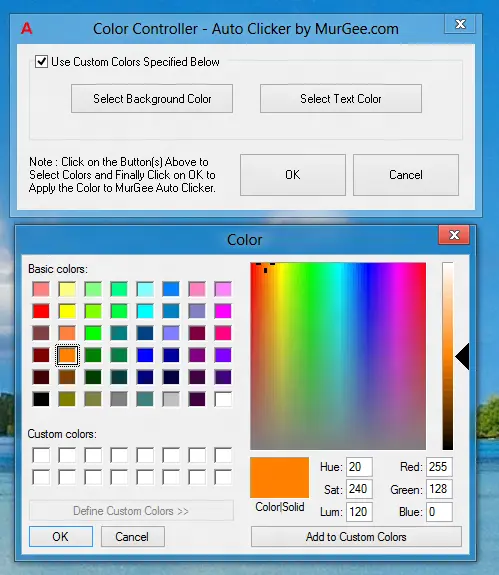 Color Controller to Control Auto Clicker Color used for Displaying Window and for Text Color